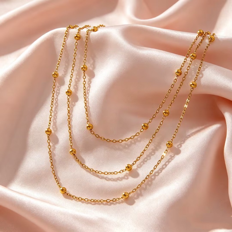 Women's Elegant Beaded Design Stainless Steel 3-Layer Necklace
